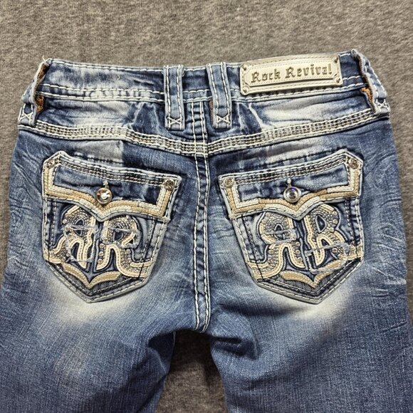 Rock Revival Jeans Womens 24 Bootcut Nadine Distressed Rhinestone Embroidered - Picture 6 of 11